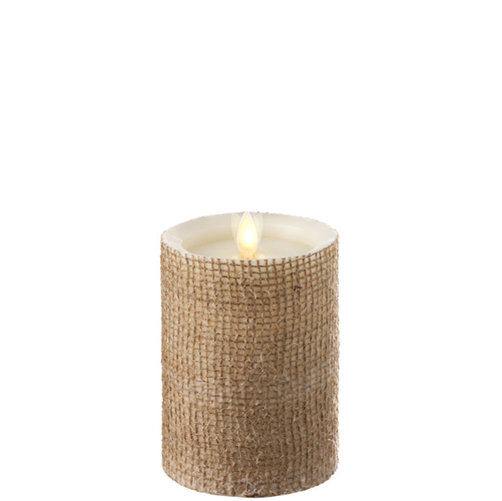 Flat Top Moving Flame Ivory Burlap Wrapped 3.5 x 5 Flameless Pillar Candle