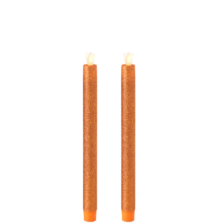 Remote Control 10 Inch Orange Glitter Moving Flame Taper Candle Set of 2