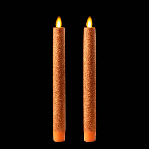 Remote Control 8 Inch Orange Glitter Moving Flame Taper Candle Set of 2