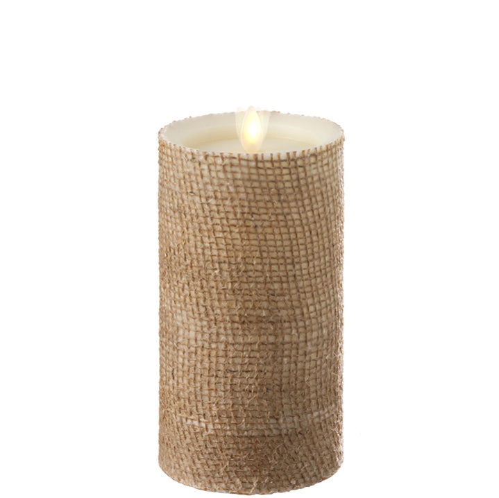 Flat Top Moving Flame Ivory Burlap Wrapped 3.5 x 7 Flameless Pillar Candle