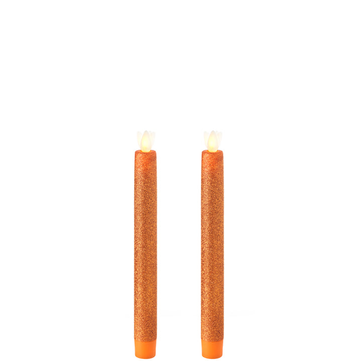 Remote Control 8 Inch Orange Glitter Moving Flame Taper Candle Set of 2
