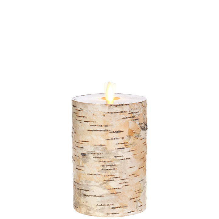 3.25 X 6 Inch Flat Top Moving Flame Birch Pillar Wax Wrapped Pillar Candle