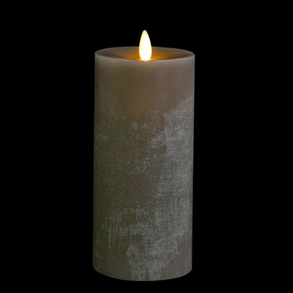 Flat Top Moving Flame Grey Chalk Finish 9 Inch Flameless Pillar Candle Remote Ready