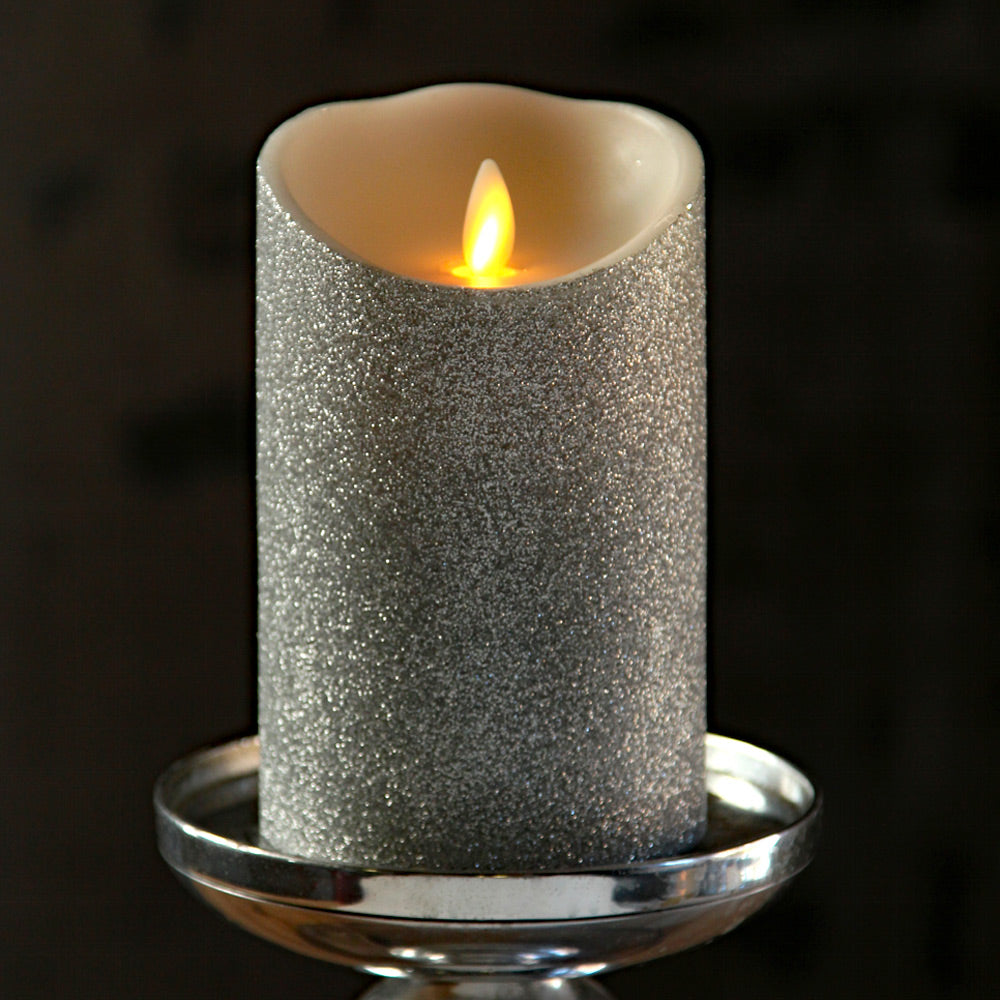 Moving Flame Silver Glitter 3.5 x 5 Flameless Pillar Candle - Timer - Remote Ready